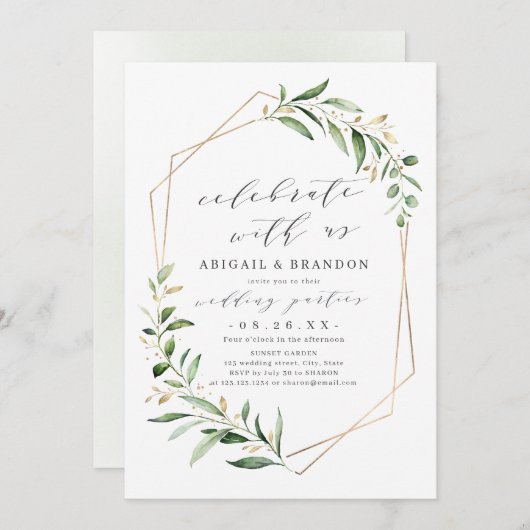 Feiern Sie mit uns! Greenery Geometric Wedding Einladung (Vorne/Hinten)