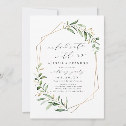 Feiern Sie mit uns! Greenery Geometric Wedding Einladung (Vorderseite)