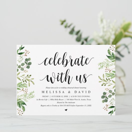 Feiern Sie mit uns, Greenery Wed Probe Dinner Einladung (Stehend Vorderseite)