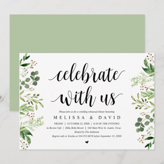 Feiern Sie mit uns, Greenery Wed Probe Dinner Einladung (Vorne/Hinten)