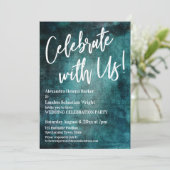 Feiern Sie mit uns! Handwriting Bold Aquamarin Gru Einladung (Stehend Vorderseite)