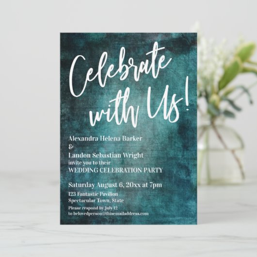 Feiern Sie mit uns! Handwriting Bold Aquamarin Gru Einladung (Stehend Vorderseite)