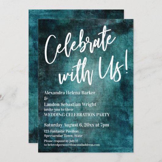 Feiern Sie mit uns! Handwriting Bold Aquamarin Gru Einladung (Vorne/Hinten)