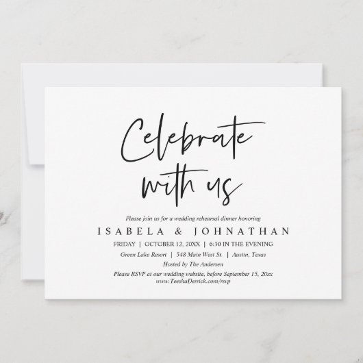 Feiern Sie mit uns, Hochzeit Probe Dinner Einladung (Vorderseite)