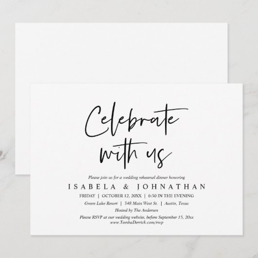 Feiern Sie mit uns, Hochzeit Probe Dinner Einladung (Vorne/Hinten)