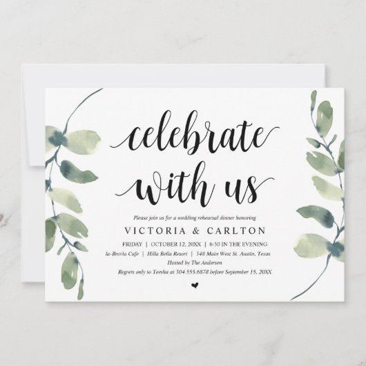 Feiern Sie mit uns, Hochzeit Probe Dinner Einladung (Vorderseite)