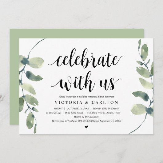 Feiern Sie mit uns, Hochzeit Probe Dinner Einladung (Vorne/Hinten)