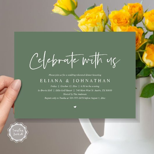 Feiern Sie mit uns, Hochzeit Probe Dinner Einladung