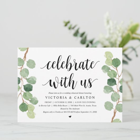 Feiern Sie mit uns, Hochzeit Probe Dinner Einladung (Stehend Vorderseite)