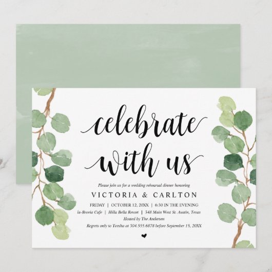 Feiern Sie mit uns, Hochzeit Probe Dinner Einladung (Vorne/Hinten)