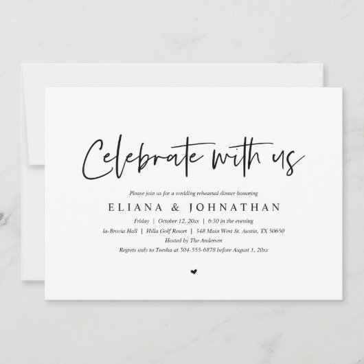 Feiern Sie mit uns, Hochzeit Probe Dinner Einladung (Vorderseite)