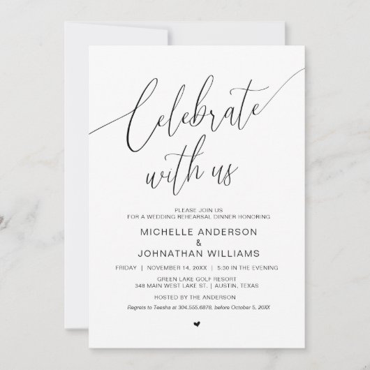 Feiern Sie mit uns, Hochzeit Probe Dinner Einladung (Vorderseite)