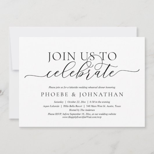 Feiern Sie mit uns, Hochzeit Probe Dinner Inv Einladung (Vorderseite)