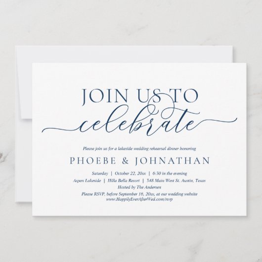 Feiern Sie mit uns, Hochzeit Probe Dinner Inv Einladung (Vorderseite)