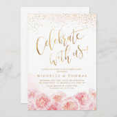 Feiern Sie mit uns! Kalligraphie Gold & Blütenblüt Einladung (Vorne/Hinten)
