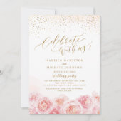 Feiern Sie mit uns! Kalligraphie Gold & Blütenblüt Einladung (Vorderseite)