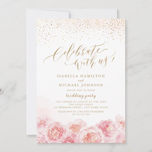 Feiern Sie mit uns! Kalligraphie Gold & Blütenblüt Einladung (Vorderseite)