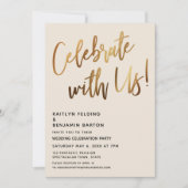 Feiern Sie mit uns! Minimal Gold Handwriting Cream Einladung (Vorderseite)