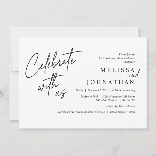 Feiern Sie mit uns, Modernes Hochzeitsessen Probe Einladung (Vorderseite)