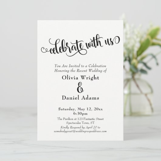 Feiern Sie mit uns nur mit Schwarz-weißem Empfang Einladung (Stehend Vorderseite)