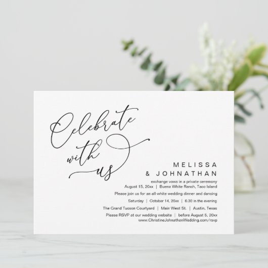 Feiern Sie mit uns, romantisches Hochzeitsessen Einladung (Stehend Vorderseite)