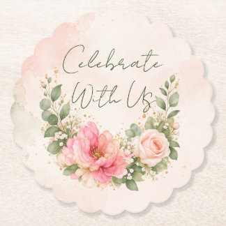 Feiern Sie mit uns Rosé Floral Papier Untersetzer