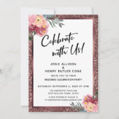 Feiern Sie mit uns! Rose Gold Glitzer und Blume Einladung (Vorderseite)