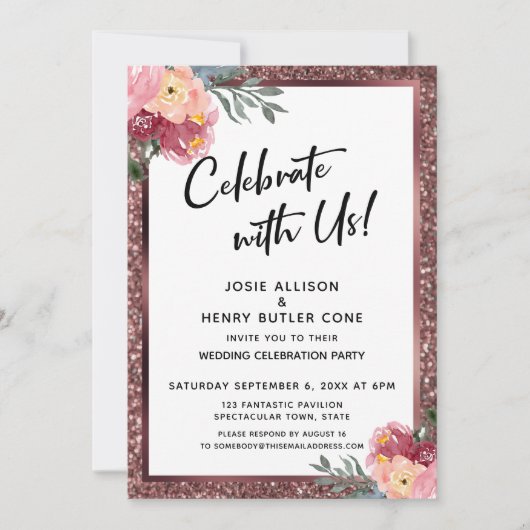 Feiern Sie mit uns! Rose Gold Glitzer und Blume Einladung (Vorderseite)