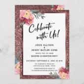 Feiern Sie mit uns! Rose Gold Glitzer und Blume Einladung (Vorne/Hinten)