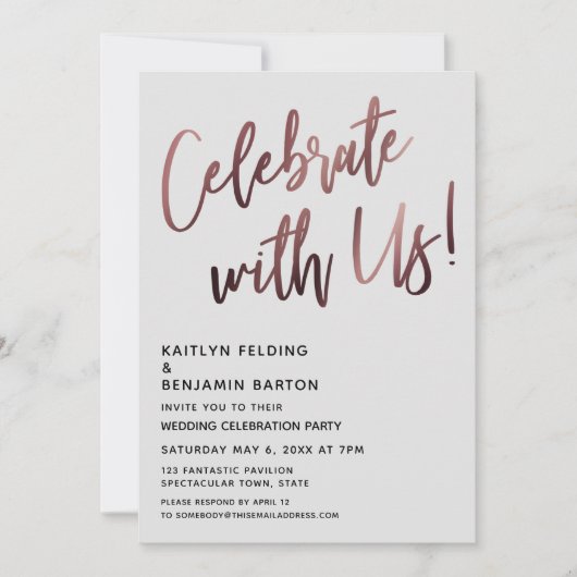 Feiern Sie mit uns! Rose Gold Handwriting Grau Einladung (Vorderseite)