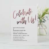 Feiern Sie mit uns! Rose Gold Handwriting Grau Einladung (Stehend Vorderseite)