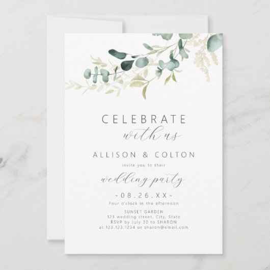 Feiern Sie mit uns! Rustikale Eukalyptus-Grüne Boh Einladung (Vorderseite)