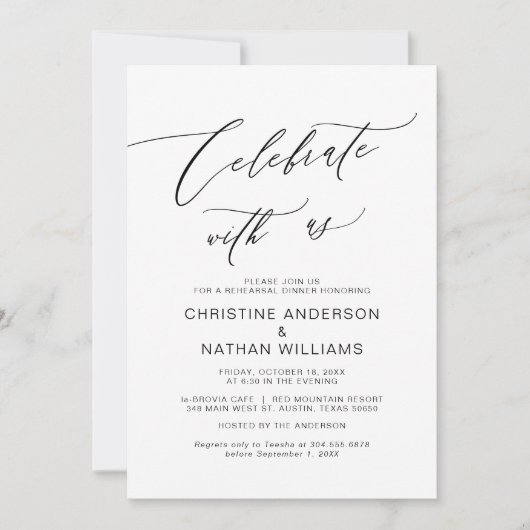 Feiern Sie mit uns, Schwarz, Hochzeit Probe Dinner Einladung (Vorderseite)