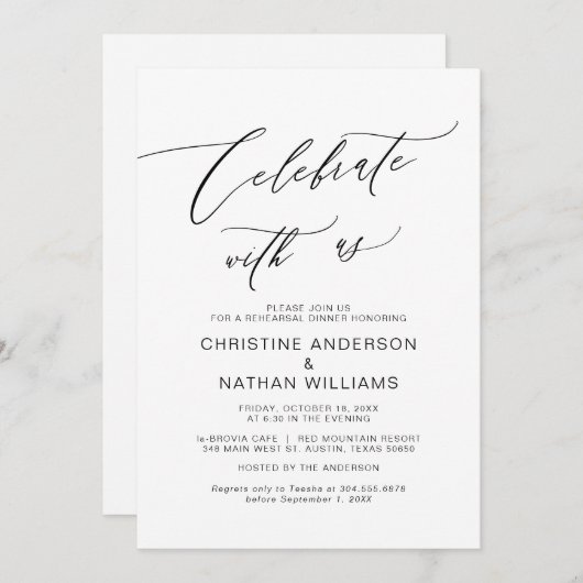 Feiern Sie mit uns, Schwarz, Hochzeit Probe Dinner Einladung (Vorne/Hinten)