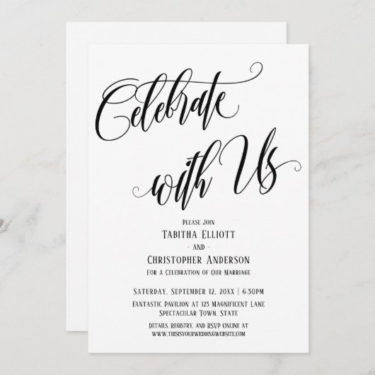 Feiern Sie mit uns Schwarz-weißes Skript Einladung (Vorne/Hinten)