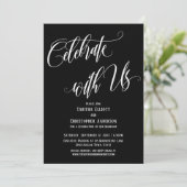 Feiern Sie mit uns Skript White auf schwarz Einladung (Stehend Vorderseite)