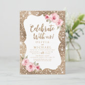 Feiern Sie mit uns! Sparkeller Glitzer und rosa Bl Einladung (Stehend Vorderseite)
