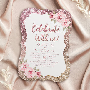 Feiern Sie mit uns! Sparkle Rose Gold und Blumen Einladung