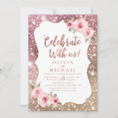 Feiern Sie mit uns! Sparkle Rose Gold und Blumen Einladung (Vorderseite)