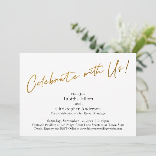 Feiern Sie mit US Handwriting Gold Basic Empfang Einladung (Stehend Vorderseite)