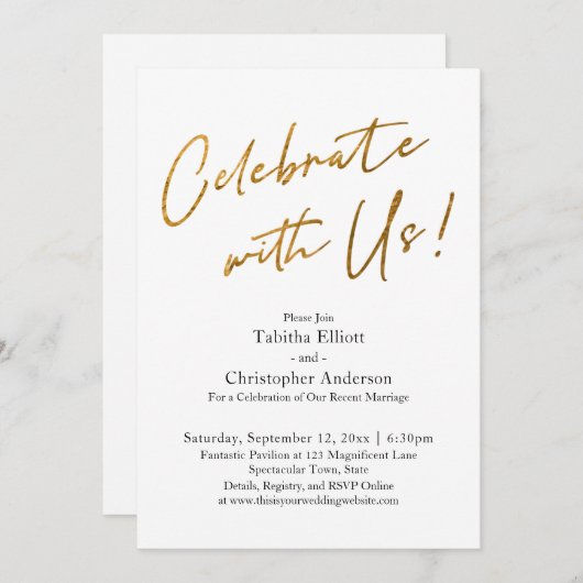 Feiern Sie mit US Handwriting Gold Basic Empfang Einladung (Vorne/Hinten)