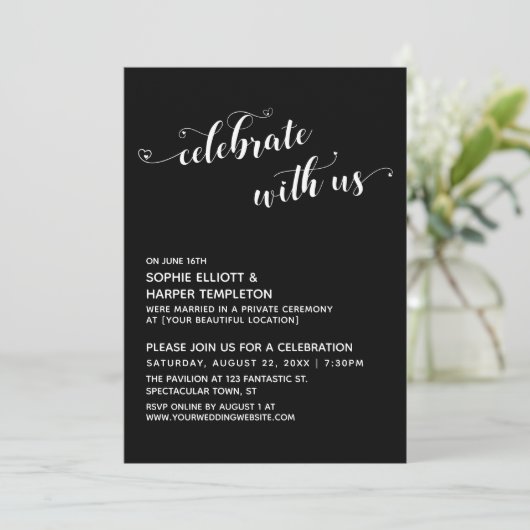 Feiern Sie mit US Hearts Script Black Empfang Einladung (Stehend Vorderseite)