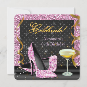 Feiern Sie Pink Gold Black Glitter Geburtstagsfeie Einladung