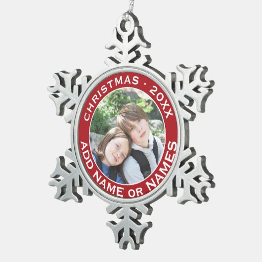 Feiern Sie Weihnachten mit Ihrem Lieblings-Foto Schneeflocken Zinn-Ornament (Rechts)