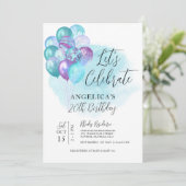 Feiern wir Aquamarinen Lila Ballons zum Geburtstag Einladung (Stehend Vorderseite)