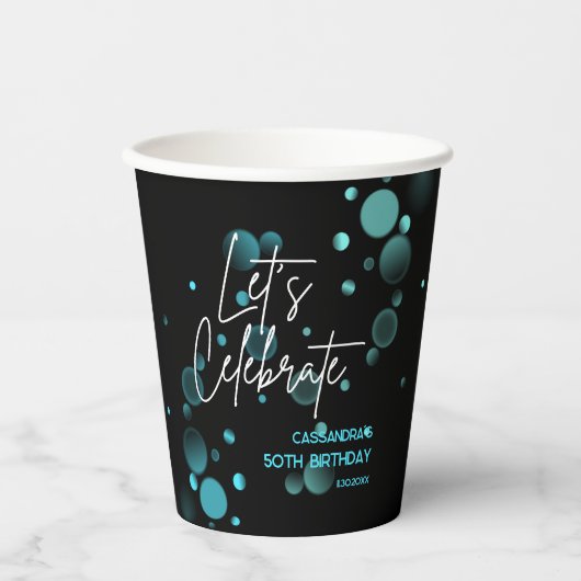 Feiern wir Blue Bokeh Gradient Black Birthday Pappbecher (Vorderseite)