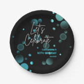 Feiern wir Blue Bokeh Gradient Black Birthday Pappteller (Vorderseite)