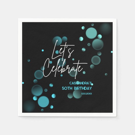 Feiern wir Blue Bokeh Gradient Black Birthday Serviette (Vorderseite)