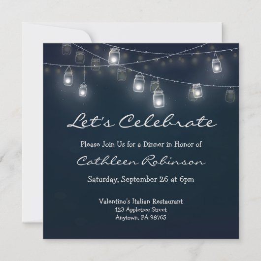 Feiern wir das Abendessen Mason Jar Lights Einladung (Vorderseite)