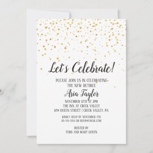 Feiern wir das Gold Confetti Rente Party Einladung (Vorderseite)